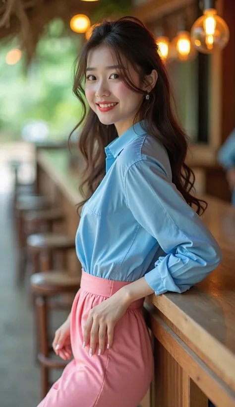  in high-definition images、Attractive Young Woman, by rubio, blue shirt, pink skirt,  facial details ,  forward leaning posture, Nail,  facing backwards,  Smile, leaning against the table, Forest restaurant、Colorful Forest。