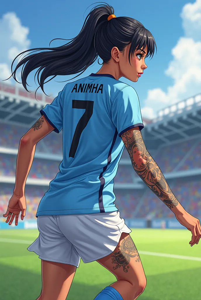 soccer player, uniform light blue, Number 7 and the name Aninha, on the back, long black hair, brown skin with anime-style tattoo