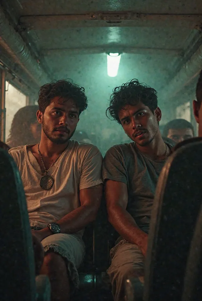 Two young brown Mexican men, inside a small minibus being violently held by the passengers all aged