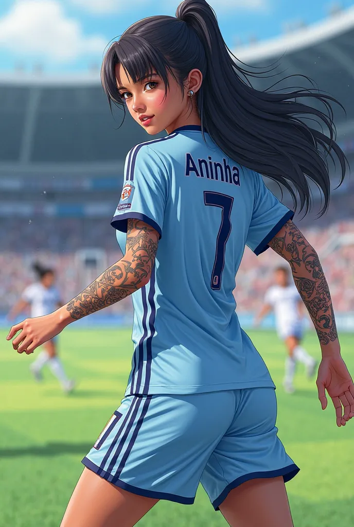 soccer player, uniform light blue, Number 7 and the name Aninha, on the back, long black hair, brown skin with anime-style tattoo