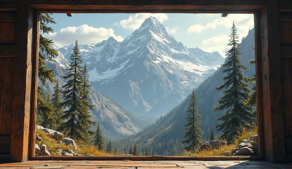 Realistic image looking out a window you see a huge mountain with giant trees: old west style, cinematic.