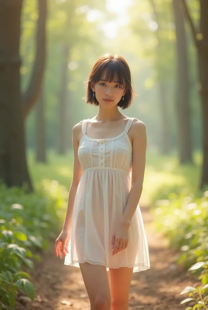 Photorealistic，Ultra high definition，Highest quality，Best Quality，8k，RAW Photos，Super detailed，Ultra-high resolution，(Amazingly cute Japanese real girl)，whole body，1 person，Facing forward，Early morning in the forest，Bright sunlight pours in，Backlight，White...