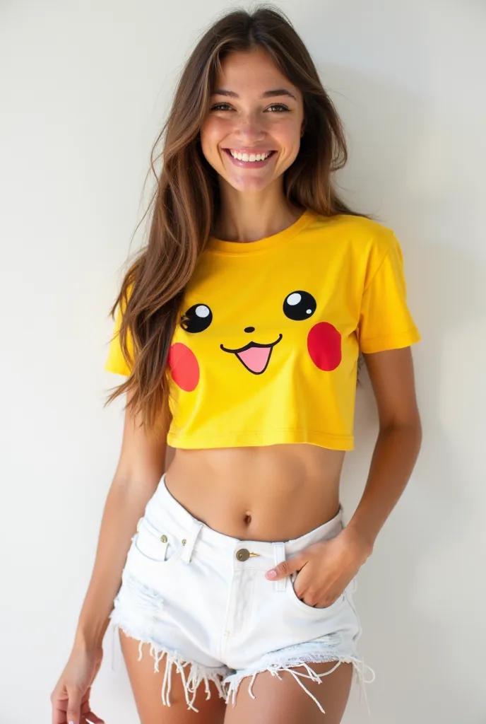 A young woman with long, brown hair and a radiant smile poses confidently against a clean white background. She is wearing a vibrant yellow crop top featuring a playful Pikachu face design, highlighting a fun and energetic personality. Her toned midriff is...