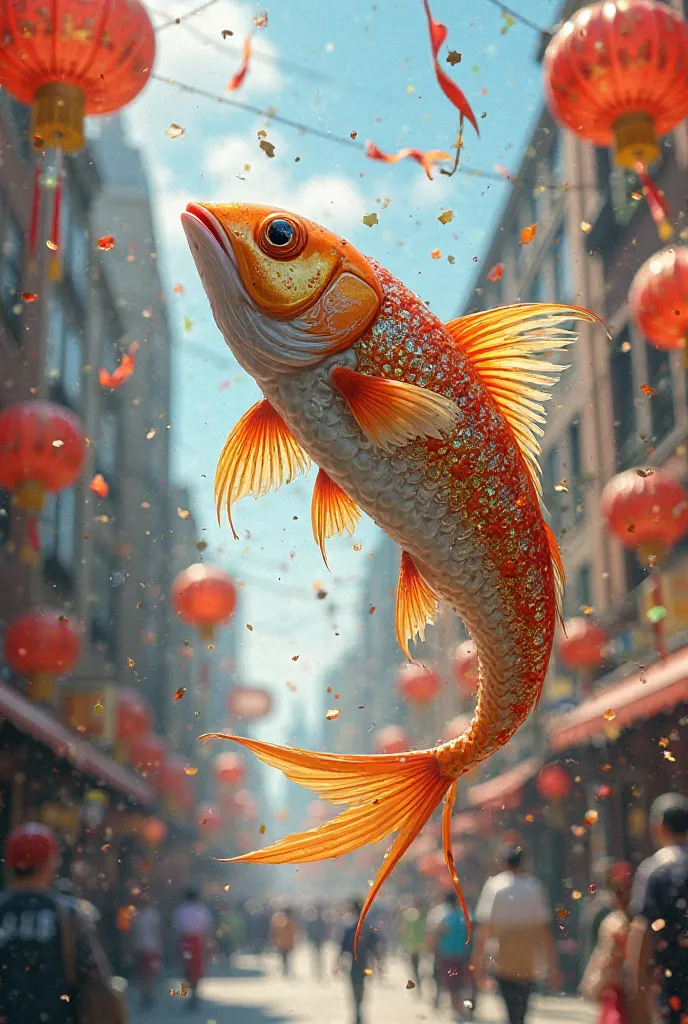 A beautiful fish hangs decorations in the streets