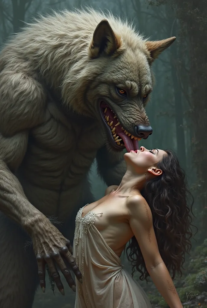 A giant muscular werewolf licks a girl 