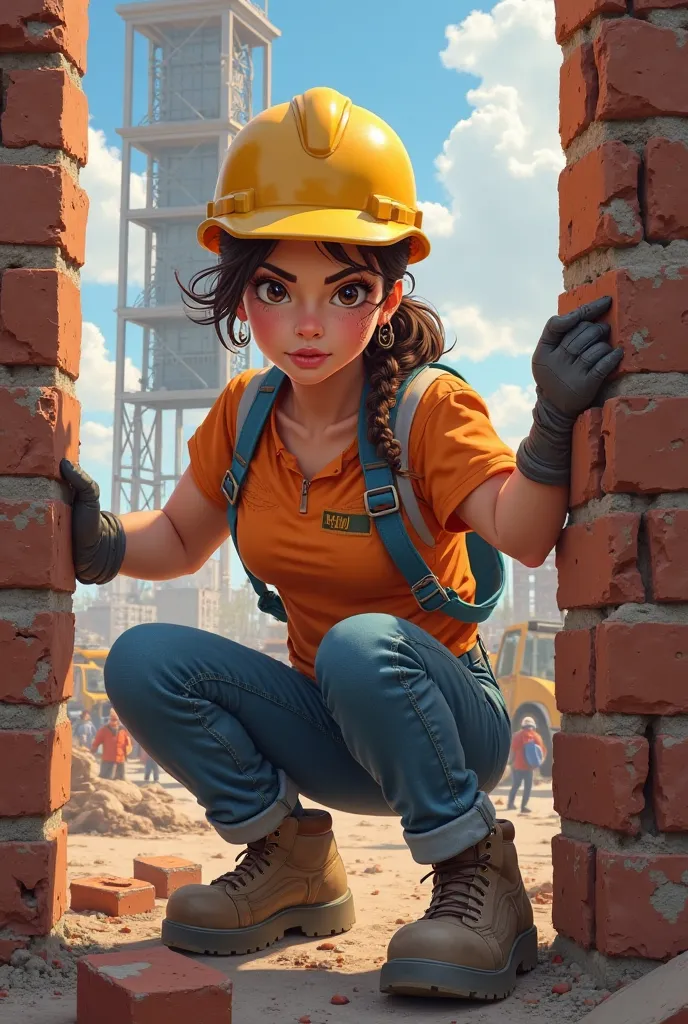 woman in construction clothing at a construction site assembling a brick wall