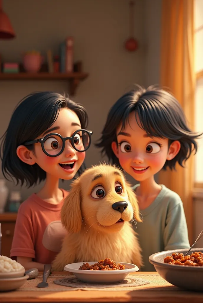 Pixar In a brown sauce 4 people with short black hair ,  2 men and two women , a man and a woman wear glasses,'a blonde dog 