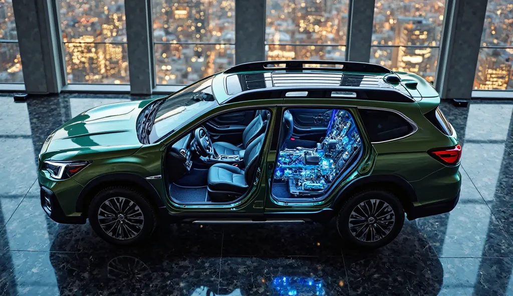 Top view of a 2026 Subaru Outback Evolution in Metallic Green inside a luxury showroom with polished black marble floors reflecting ambient lights. Both front and rear doors are open, revealing a Black Nappa Leather interior with contrast stitching and amb...