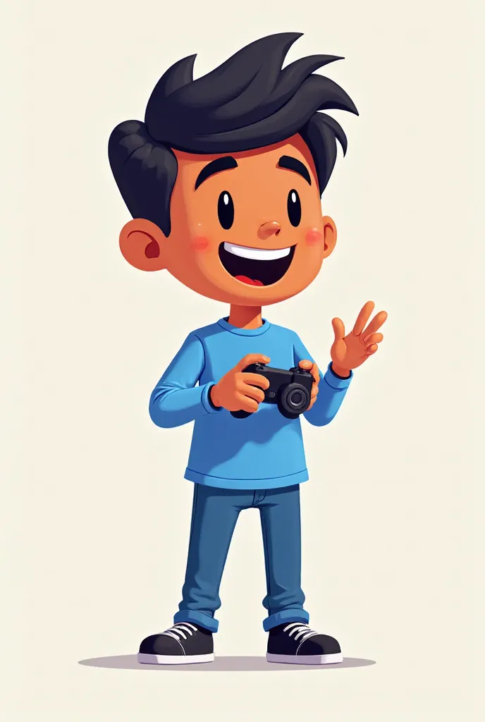 A happy 2D male gaming  with blue clothes and black shoes and black hair