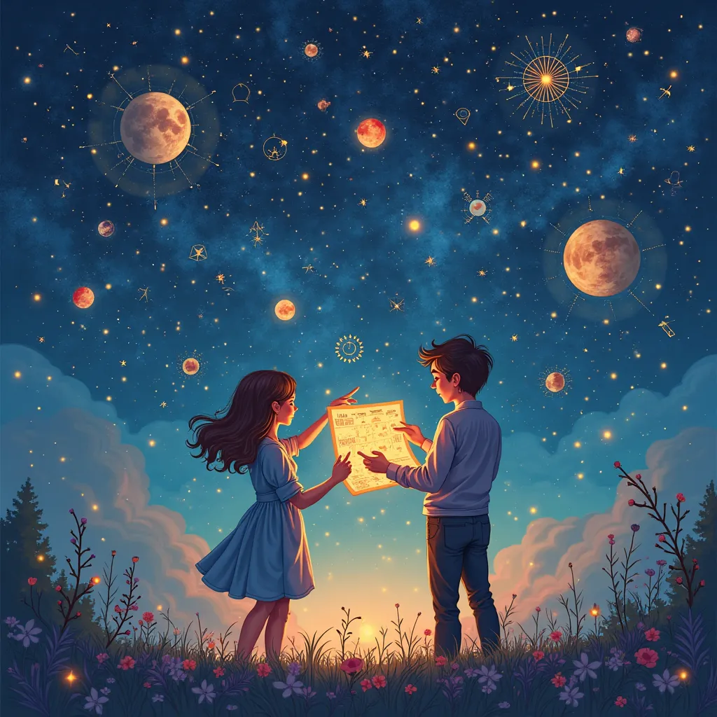 An enchanting and whimsical illustration of two people gazing at their birth charts under a starry night sky. One person is holding a glowing celestial map, while the other person is pointing at the constellations above them, symbolizing the search for the...