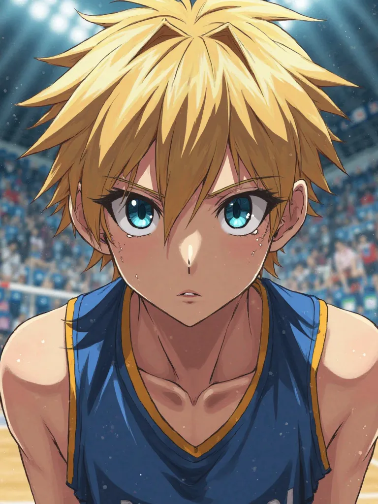 Make a character using anime arstyle from “Haikyuu” with dirty ashy blond hair and deep blue eyes 