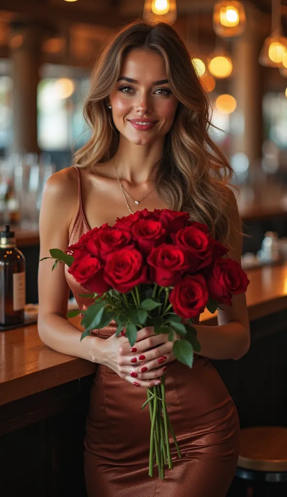 Beautiful woman 25 years old ,  light brown wavy long hair, brown eyes with bright makeup,  an earring in her ears , with big breasts, necklace on the neck, tanned skin , there is a smile on the face , in a shiny brown dress that fits the ass,  Skirt cut, ...