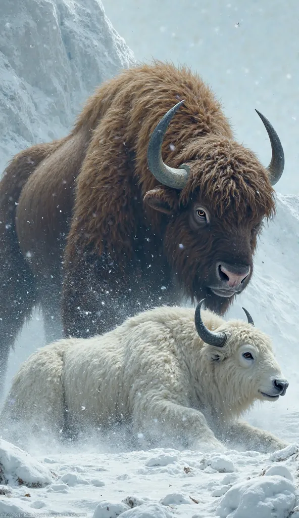 big wild musk ox badly killed the big white snow Bull and leg on his body 