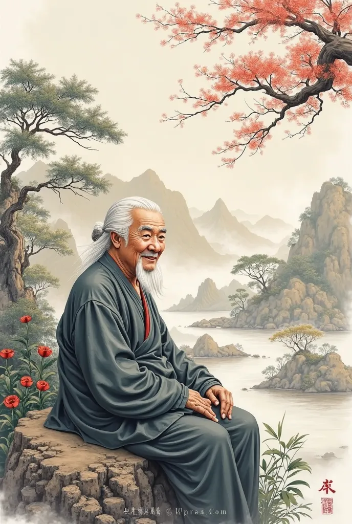 white background up: painting traditional Old chinese master  man with long mustache , gentle smile and satisfasction,is sitting on mountain traditional painting chineese landscape with chineese trees