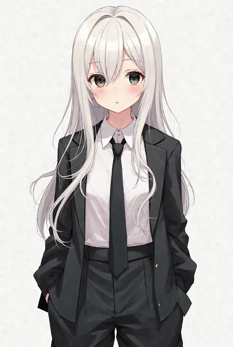 Anime girl. At age . Watch at us with a shy face. He have black eyes, white hair, black tie, white shirt, black jacket and black long oversized pants