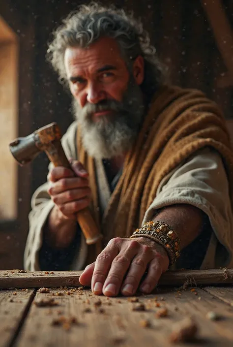 Moses from a first person POV perspective, his hands are seen facing forward with a hammer in his right hand and the other leaning on the wood