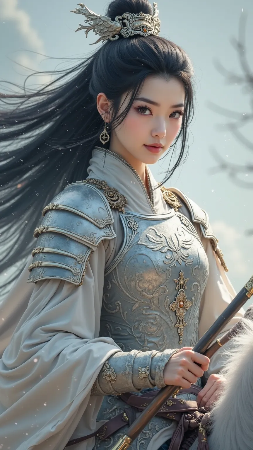 Ancient Chinese female warrior with a beautiful and realistic face，long black hair，Gorgeous silver-white armor， wearing a white cape ，A war horse riding a white horse，with a silver war spear in one hand，charges on the battlefield

Just a picture of the cha...