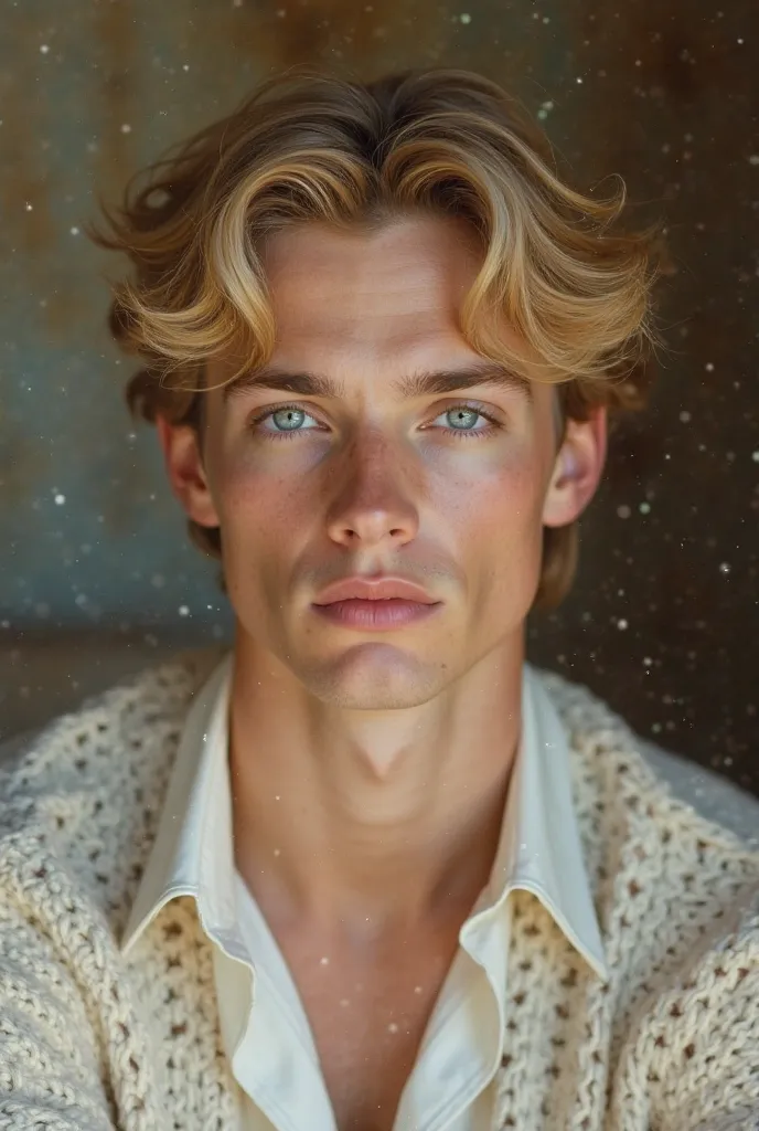 a young guy with an angelic appearance: His bright , almost golden hair fits softly around his face, } and bright blue eyes radiate purity and calm. he has thin, aristocratic facial features, smooth skin and a slight expression of thoughtfulness or tranqui...