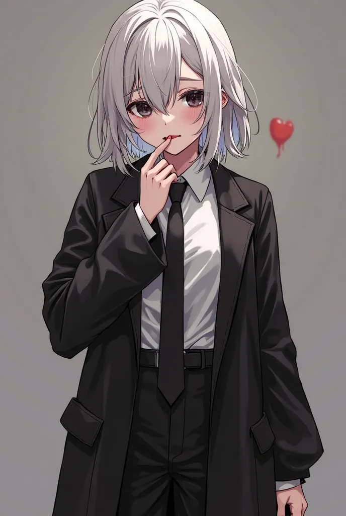 Anime girl. With sixteen years old. Licking her lips. Her cheeks almost fully in blood but she evil smirks. She have black eyes, white hair, black tie, white shirt, black jacket and black long oversized pants 