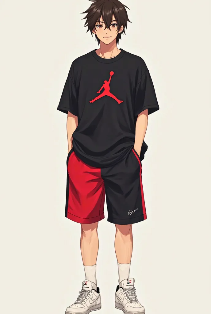 Anime boy with dark brown hair, Small beard, Black t-shirt from Jordan, Red and black short pants and white Air force 1 NIke sneakers 