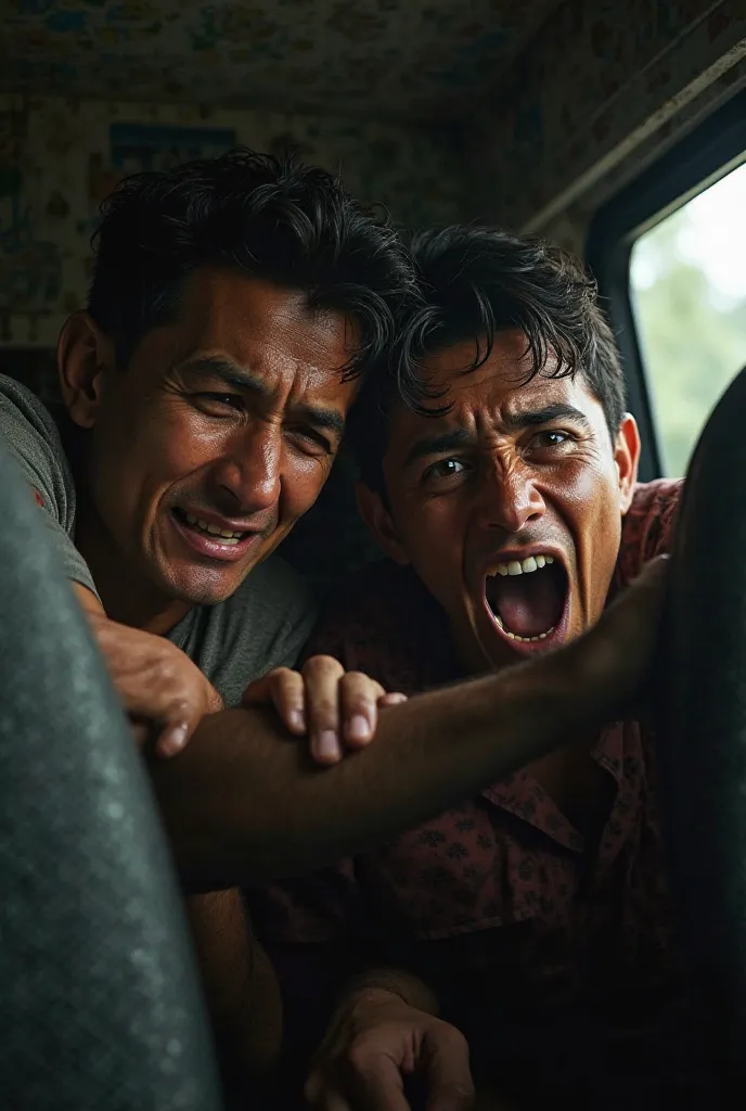 Two young brown Mexican men, Inside a small minibus scared and terrified face