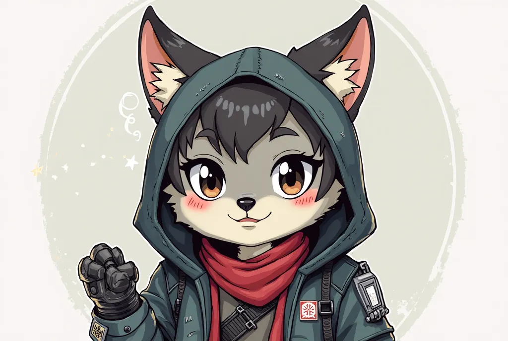 A stylized, small, and friendly anthropomorphic wolf character with cyberpunk and post-apocalyptic elements. The character has a robotic left arm with high-tech details but no weapons. It wears a slightly worn-out jacket with a logo on the back, inspired b...