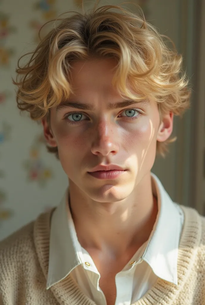 a young guy with an angelic appearance: His bright , almost golden hair fits softly around his face, } and bright blue eyes radiate purity and calm. he has thin, aristocratic facial features, smooth skin and a slight expression of thoughtfulness or tranqui...