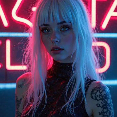 Neon lettering in capital letters"AGATA CLD ",  portrait, Beautiful girl, long white hair, black uniform, tattoos