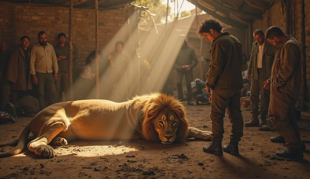 The lion is being cared for by the rescue team. He is lying in a makeshift enclosure, with its front legs visibly injured. a luz suave ilumina o leão enquanto a equipe trabalha ao seu redor. Bundles, looking from a distance, Feel deep gratitude. The settin...