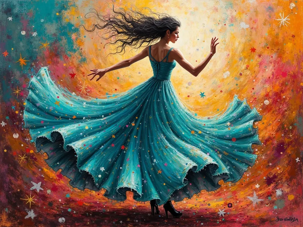 Create an abstract surrealist painting of a beautiful Spanish gypsy , dancing .with black shoes ,turquoise dress and colorful background, without people 