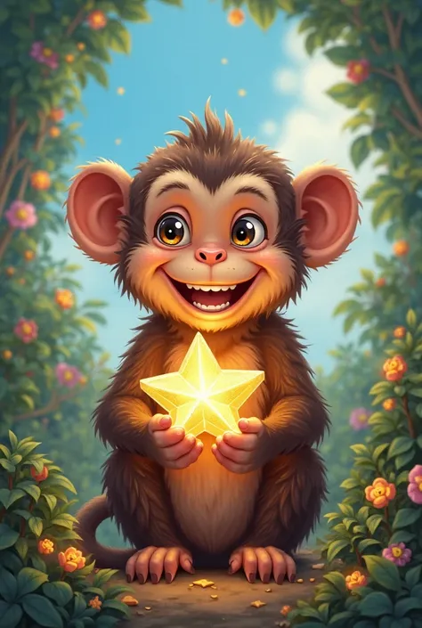 Draw a happy monkey with a star in his hands 