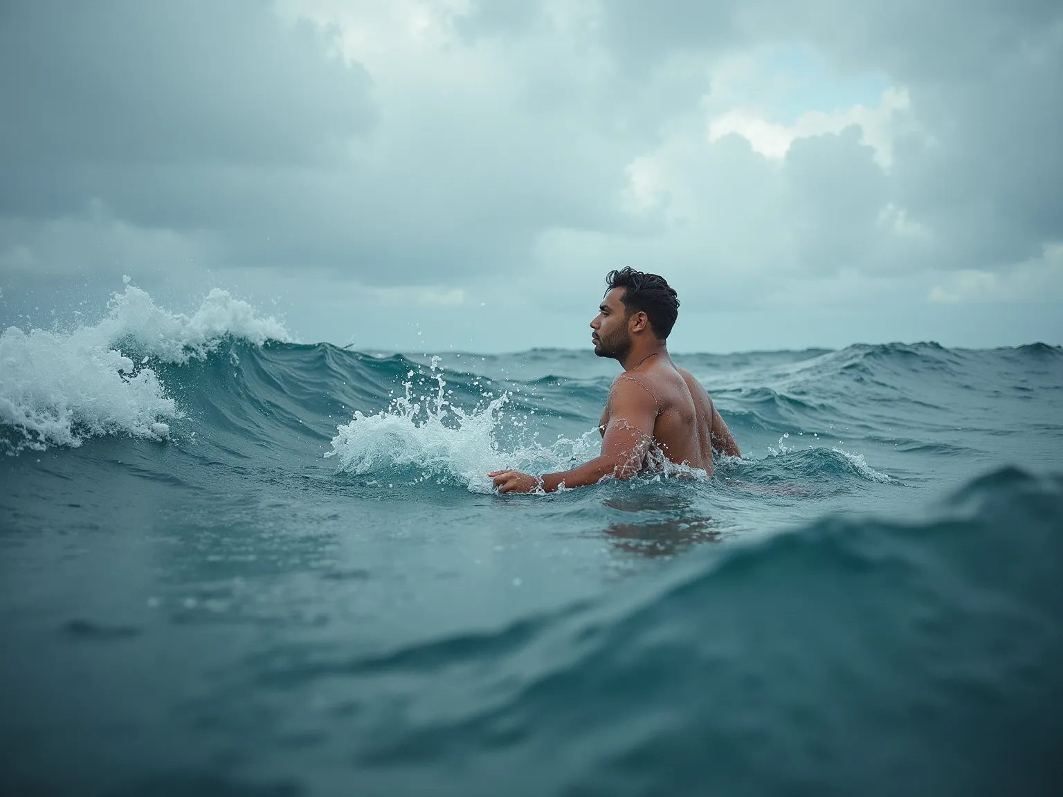 Panoramic side-view of a man swimming in the ravaging ocean