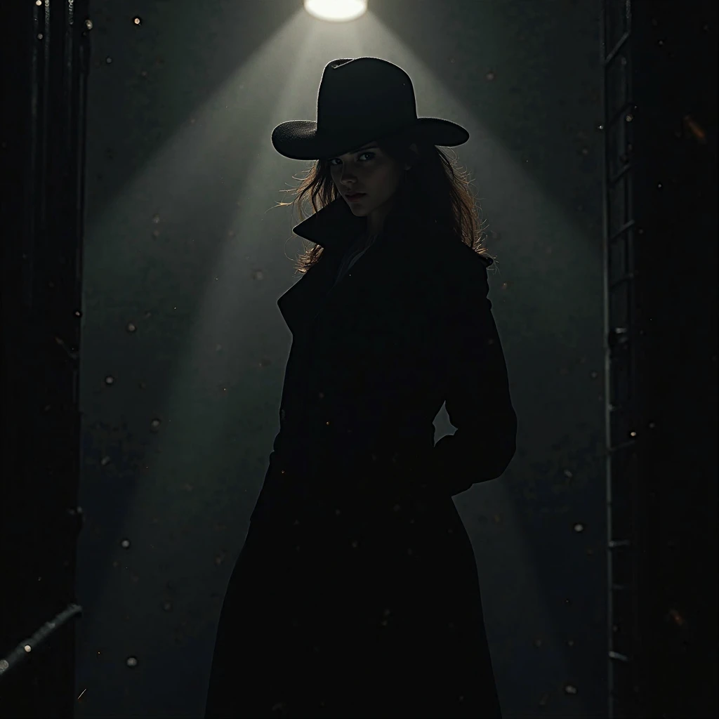 A mysterious brunette detective stands out in the dark, his silhouette is elegantly outlined by the light that falls on his body, revealing only contours and mysteries.