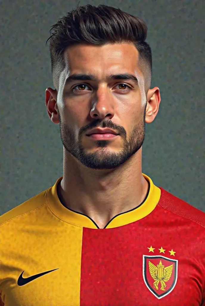 A hyper-realistic, ultra-detailed portrait of a male professional football player with an athletic, muscular build, wearing the official 2024-2025 Galatasaray home jersey. The jersey has a split design, with one side red and the other side yellow, featurin...