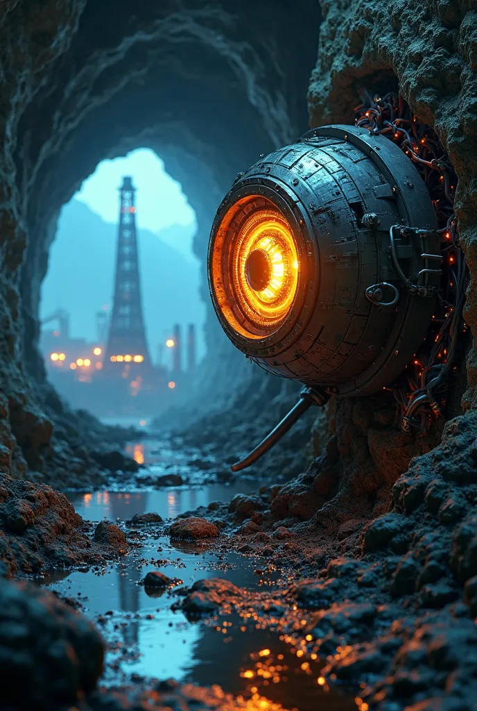 /imagine: A glowing mechanical eye scanning a dark underground tunnel, oil well structure in the background, cyberpunk lighting, surrealism, cinematic atmosphere --ar 16:9