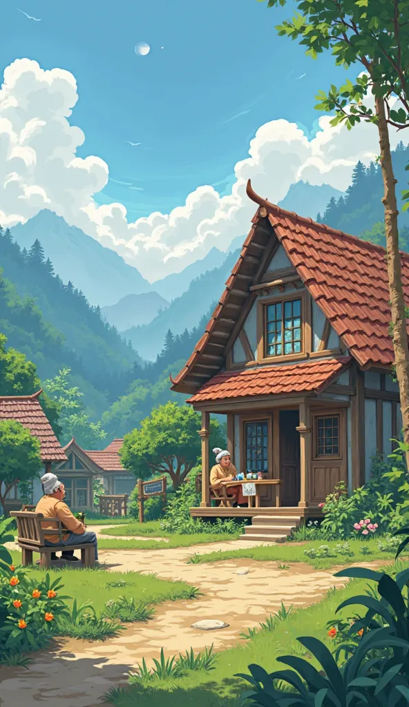    - ** location:** Small village
 - ** Character:** Mr. Budi and Momo
 - ** Description :** Picture of a small village against the backdrop of mountains.  in the center , looks Mr. Budi's house with a neat front yard. Mr. Budi and Momo sitting on the terr...