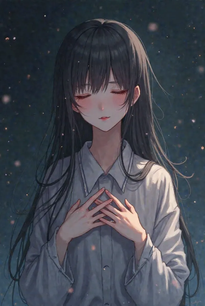 Anime girl holding chest, eyes closed, mouth closed, peaceful, dark