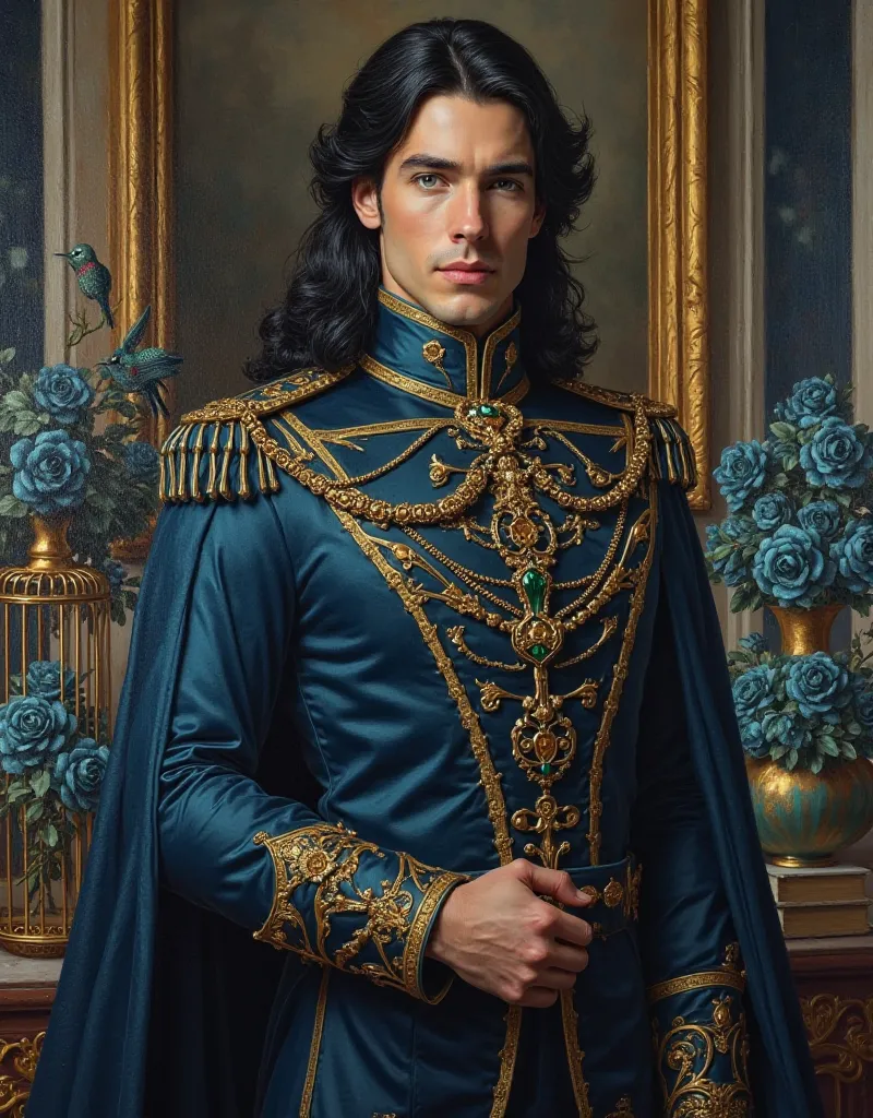 Oil portrait (painting on canvas), realistic image quality, photography, Realistic Illustration.  Aesthetic image .  detailed image. Cold aristocratic environment,  high standard .  Diagonal view ,  Diagonal focus . pose/ Imperious posture ,  dominant, He'...