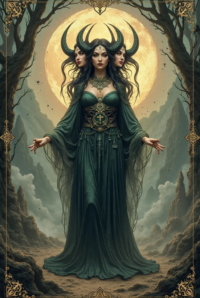 The goddess Hecate in mystical surroundings , Frame the picture like a tarot card 