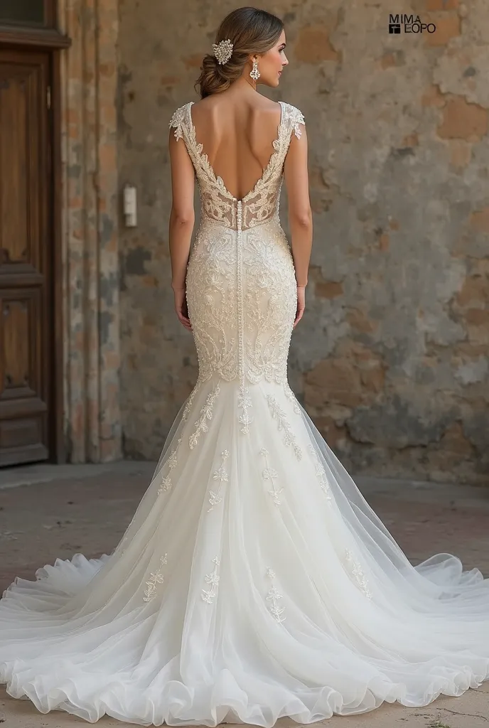 My wedding dress is mermaid with handmade leaves and small pearls .. and i have extension that made of tulle it’s overskirt .. show me a picture of this dress with and without extension .. how it can be