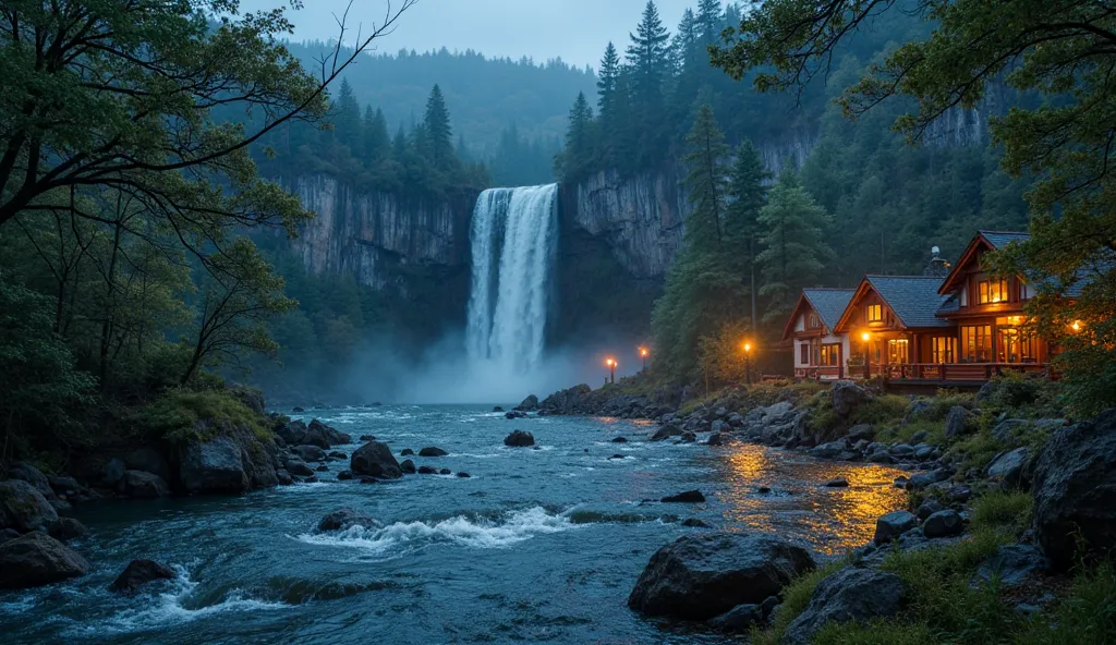 Heavy rain and a bit dark atmosphere at night,Amazing night view with brilliant waterfalls flowing into the sparkling river. Cozy wooden cabins on the lakeside add to the peaceful atmosphere, with warm yellow lights shining softly. Lush trees with hanging ...