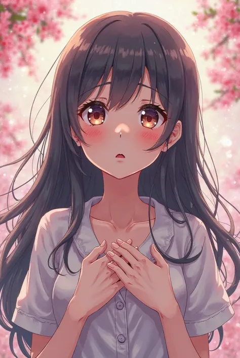 Anime girl holding chest, worried, love