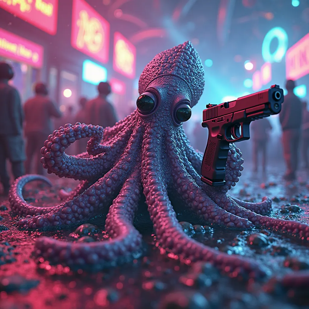 squid in a colorful rave with a glock 19 in tentacle