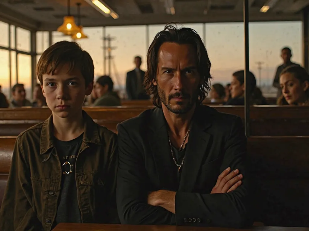 Picture the McDonald's: actor Keanu Reeves sitting in a secluded corner, His face expresses calm, but there's a slight alarm in their eyes. a  stands next to him, Five years old , with a serious and mysterious expression on his face. around them is a noisy...