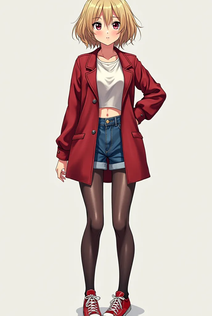 A naughty 16-year-old brunette with a sculptural body and perfect legs,  round ass, short blonde hair slightly wavy and loose high school coat, short blue jeans shorts,  Transparent black tights , classic red sneakers, Cheeky face, realistic anime, sexy