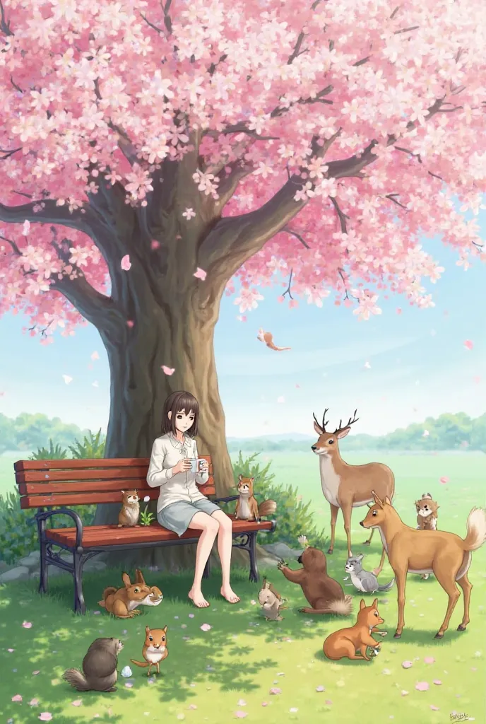 Image generation of Ishihara Satomi having a coffee break under a cherry tree in full bloom、How many kinds of animals gather around