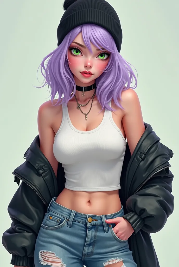 Amy is a twenty three year-old young woman with lilac hair, white skin, and green eyes. She tends to wear ripped jeans, white tank top, and a black beanie.