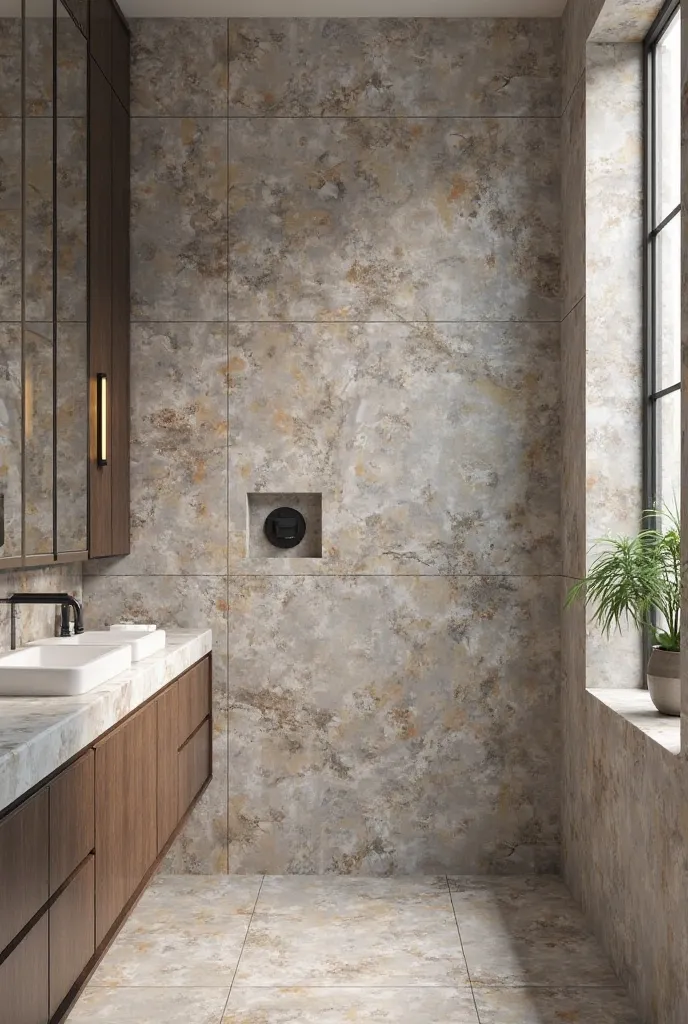 Interior design rendering of a bathroom with a focus on the stone tile accent wall. The tiles are large and irregular in shape, with a color palette of predominantly gray with hints of brown and beige. The texture is slightly rough, and the grout lines are...