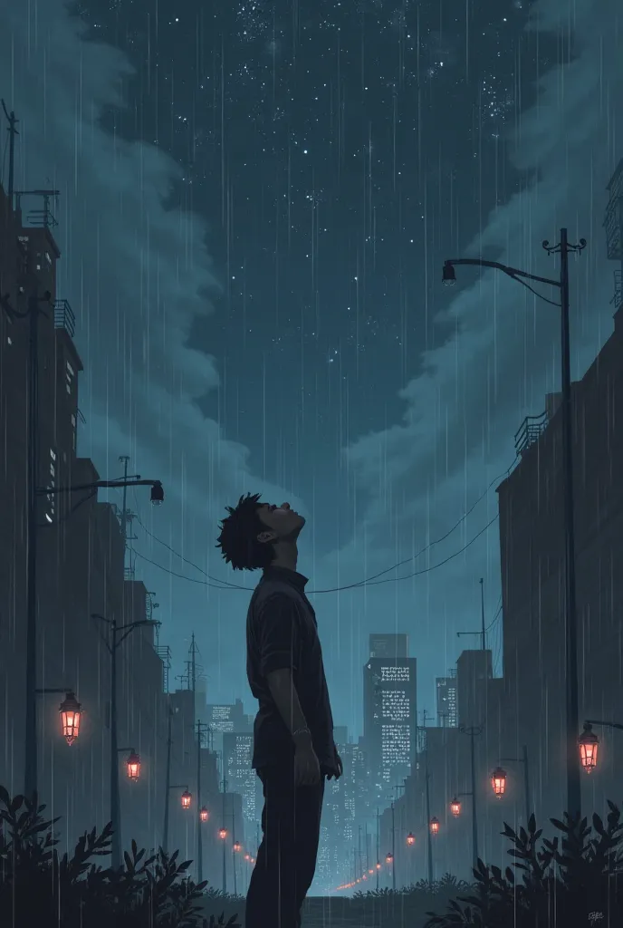 anime silhouette of a man looking up at the sky, While it's raining at night、semi-realistic sad image of a starry sky、night cityscape、City