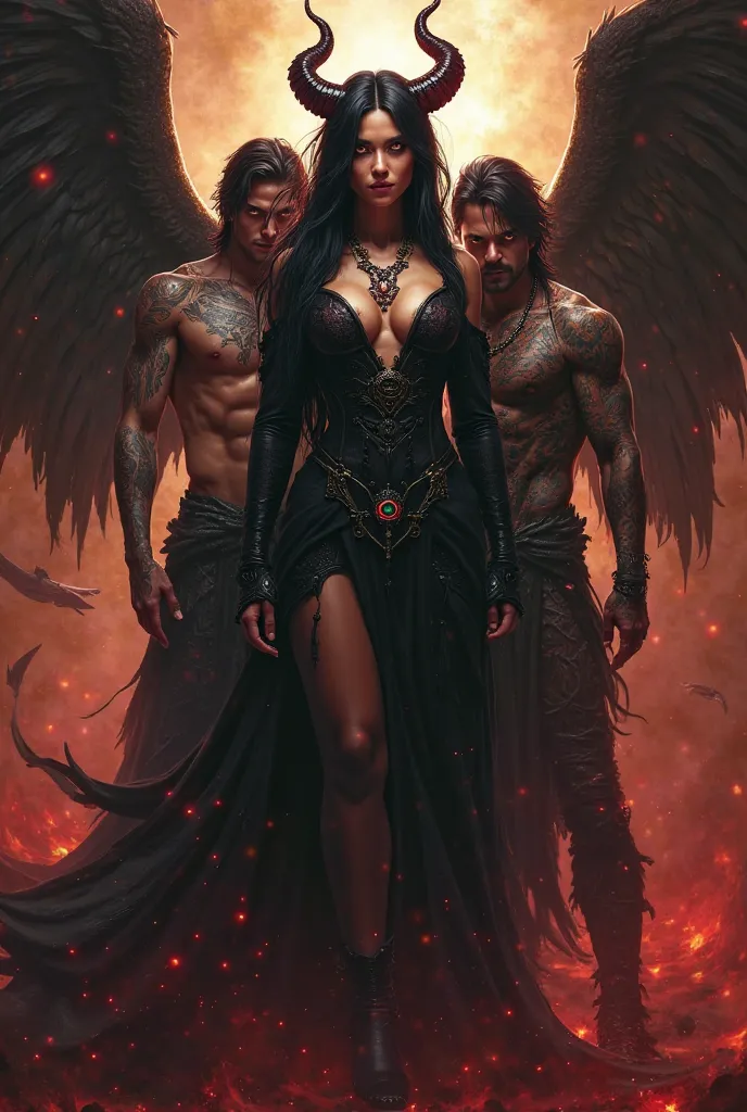 A fierce, dark-haired Demon Queen with glowing crimson eyes stands at the center of a fiery underworld throne. Surrounding her are three powerful males: a brooding fallen angel with black wings and golden eyes, a seductive incubus with smoldering charm and...